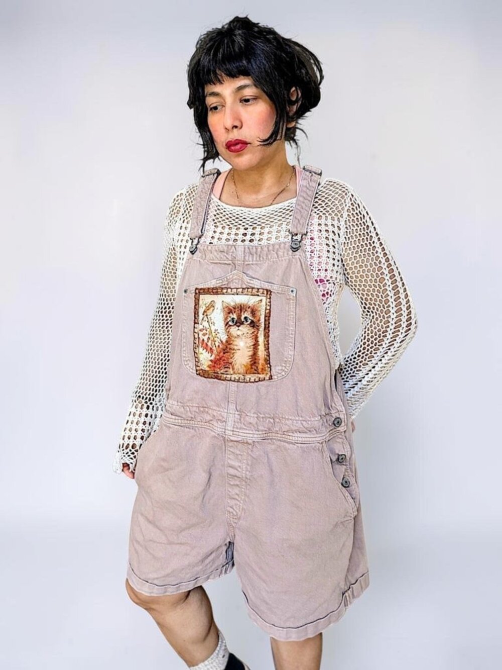 VTG 90s prairie fairy cottage kitten cat brown taupe denim overalls OS unisex - Picture 3 of 9